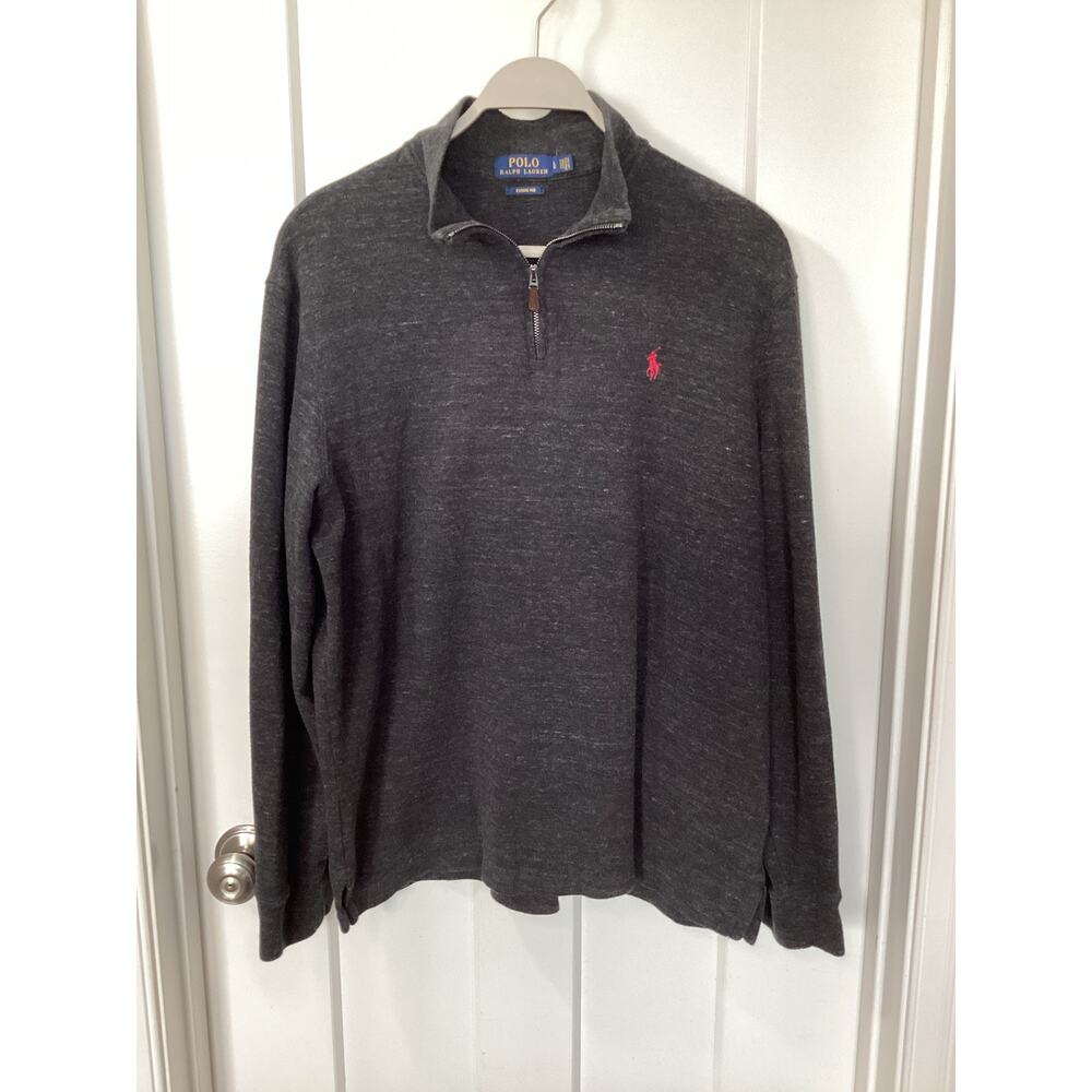 polo ralph Lauren heathered dark‎ gray knit sweater quarter zip pony logo large